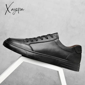 Xajzpa - Classic Men White Sneakers Soft Leather Shoes Lace-Up Casual Flats Genuine